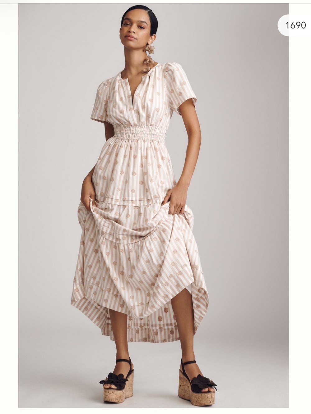 Anthropologie Cream and Beige Smocked-Waist Somerset Maxi Dress